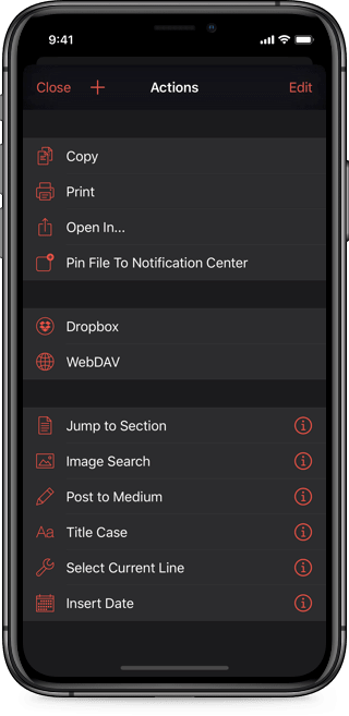Screenshot of 1Writer's action list